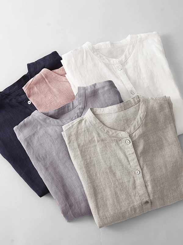 

Linen Loose Fit Stand Collar 3/4 Sve Women's irt Summer New Faion Anti UV irt Sli Agel Pure Color Commute