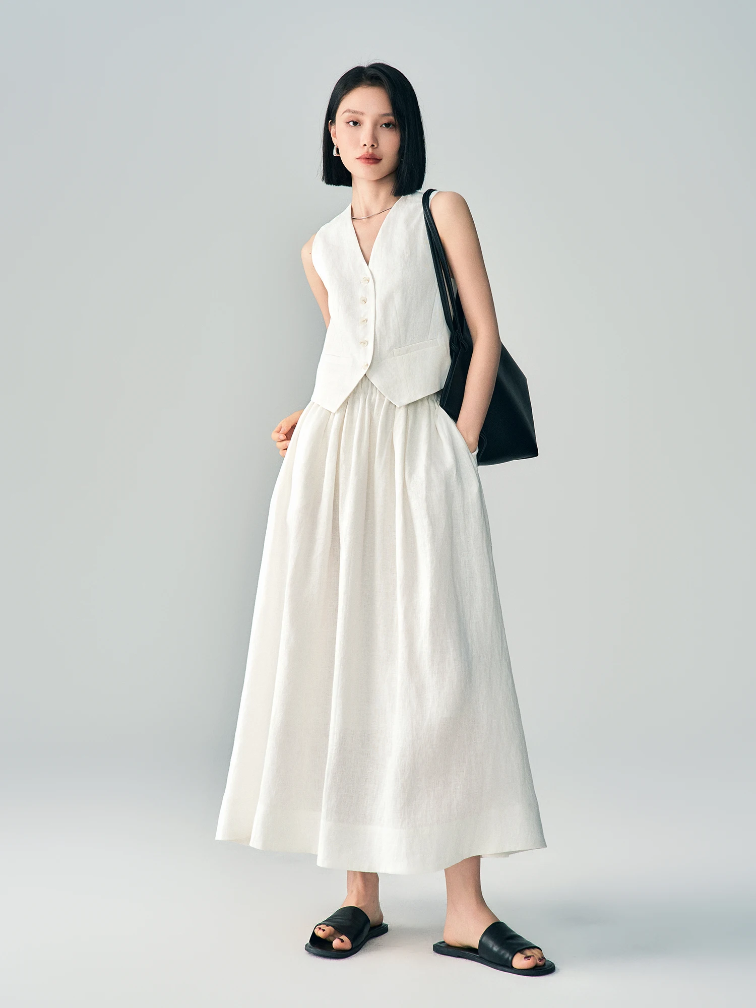 

Elegant White Linen Vest And Skirt Set Women's Fashion Summer Outfit Simple Style High Quality V-Neck Button Closure Adult Size