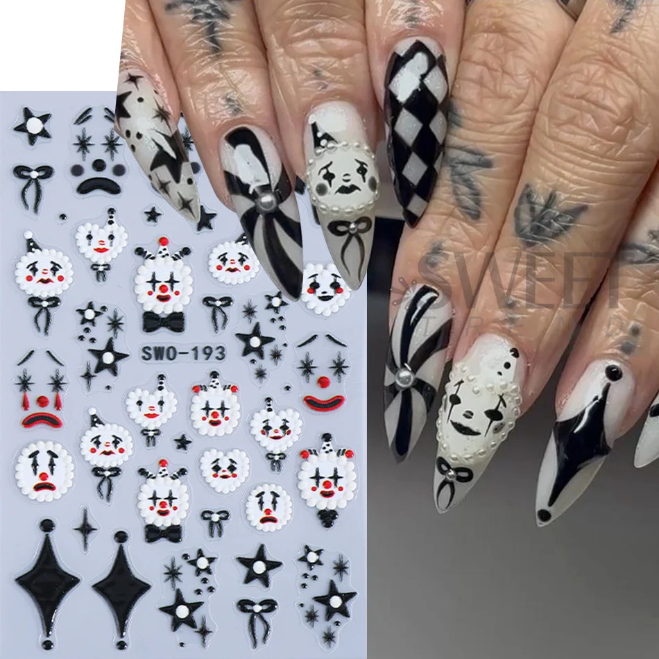 2pcs Halloween Nail Stickers Wacky Expression Clown Face Bowknot Star Pattern Nail Decals DIY Manicure Decoration Nail Supplies