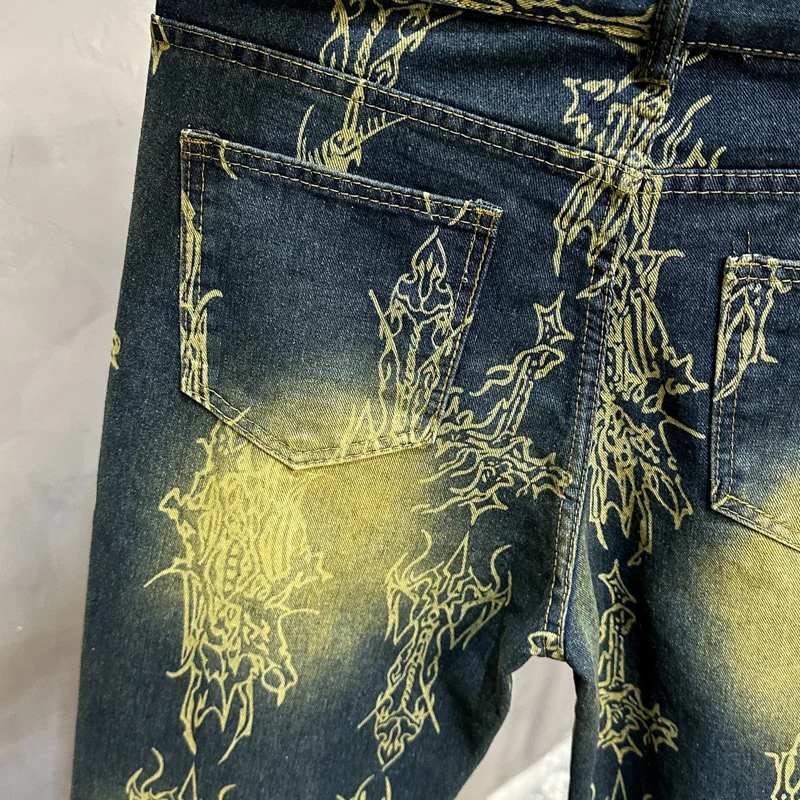 2000年代原宿パンツファッション、ダメージ加工ウォッシュドルーズジーンズ、レトロヒップホップ人気ゴスハイウエストワイドレッグデニムパンツ