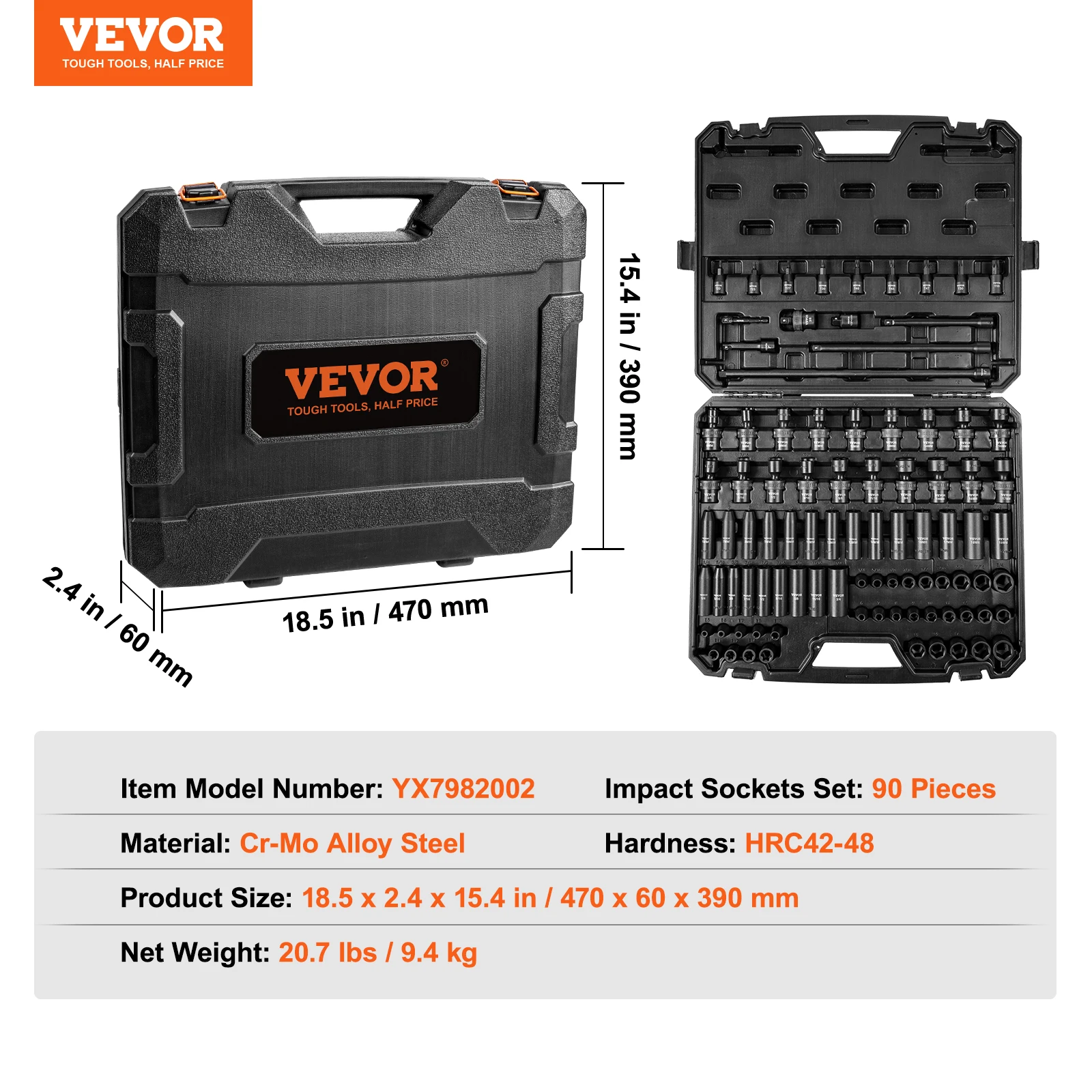 SucceBuy 90 stuks 3/8" Drive Impact Socket Set SAE 1/4"-3/4" en metrische 6-19mm Socket Set 6-punts Cr-Mo gelegeerd staal voor autoreparatie