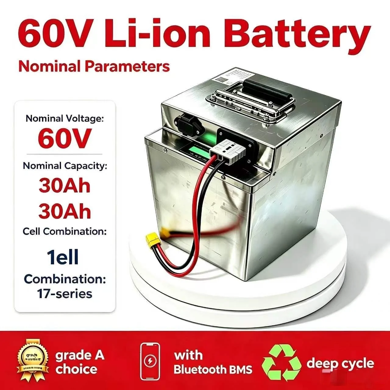 17S 60V 30Ah 30A lithium ion deep cycle battery pack BMS li-ion external for 1500w 2000W 2500W 3000W motor controller