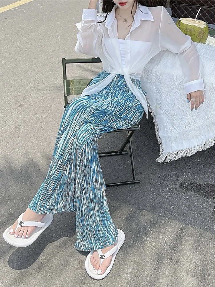

High Waist Textured Ice Silk Wide Leg Pants Women's Summer Casual Pleated Slimming Small Stature Loose Fit Trousers