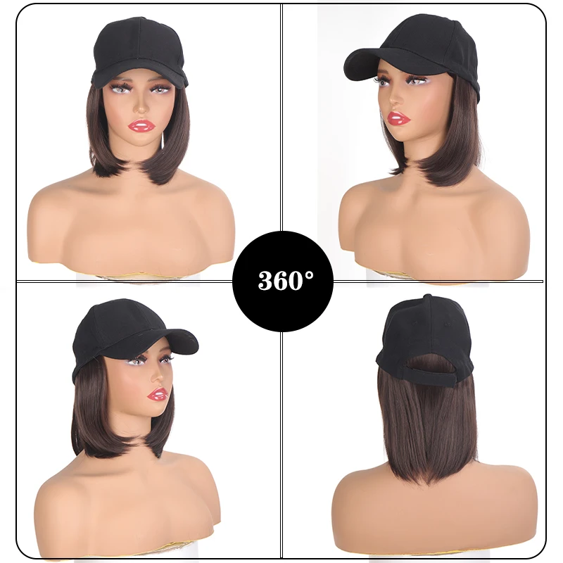 Chapéu sintético peruca extensão do cabelo curto bob boné de cabelo reto preto boné elegante e resistente ao calor peruca feminina