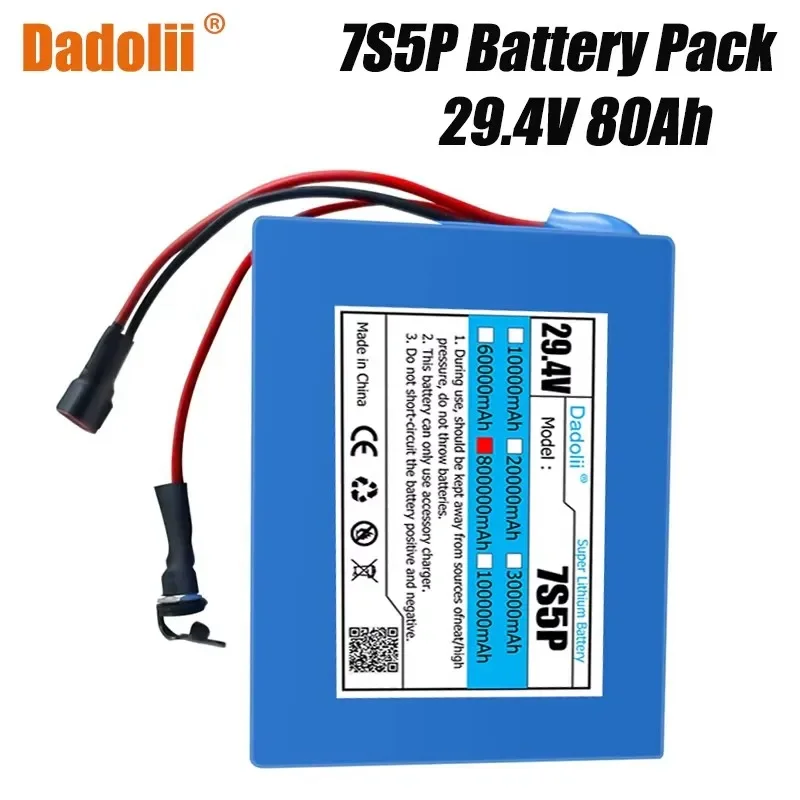 7S5P 18650 Lithium Battery Pack 24V 80Ah 15A BMS 500W 29.4V 80000mAh for Wheelchair Electric Vehicle Plus 2A Charger