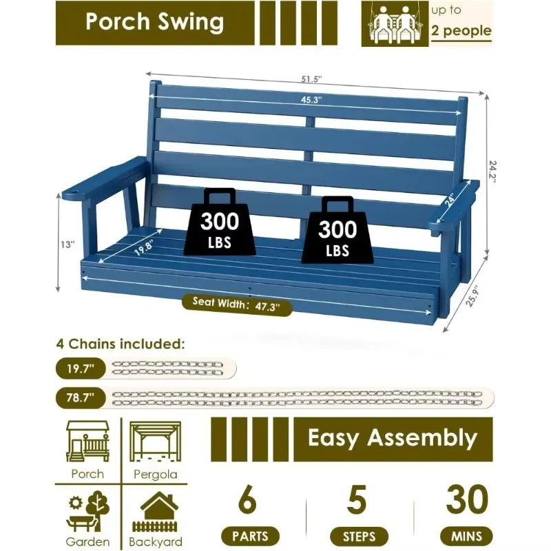 Extra Wide 2-Person Porch Swing, Blue, Durable HDPE, Stainless Steel Chains, Weather-Resistant, Ideal For Garden And Deck