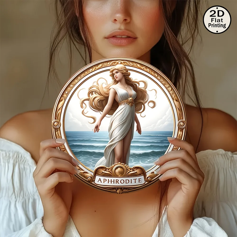 Retro Metal Wall Art 8 Inch Round Aphrodite Decor, 2D Printed Home Office Living Room Cafe Decoration Gift