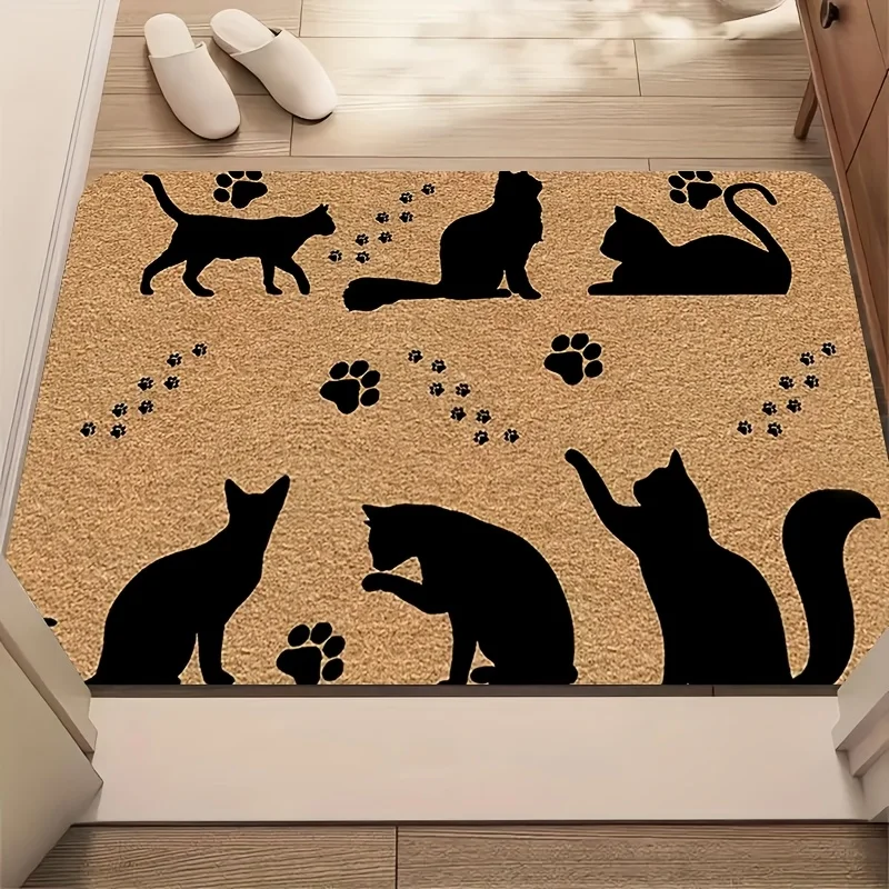 Alfombra de Entrada con Silueta de Gato y Huella de Pata - Tapete de Coco Natural para Amantes de Mascotas, Antideslizante para Interiores/Exteriores