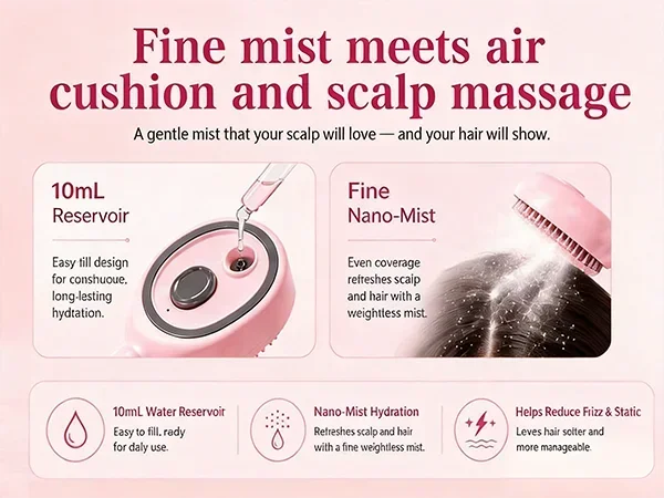 3-in-1 Elektrische Sprüh-Massagebürste Selbstreinigende Dampf- und Ätherische-Öl-Bürste Wiederaufladbare Sprüh-Kopfhautmassagebürste – Detail 6