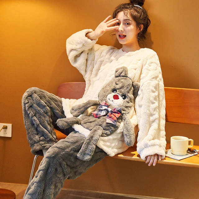 Women Pyjamas Bear Pullover Pijama Sets Extra Warm Fleece Pajamas Set Winter for Ladies Girls Thick Soft Sleepwear Homewear Suit AliExpress