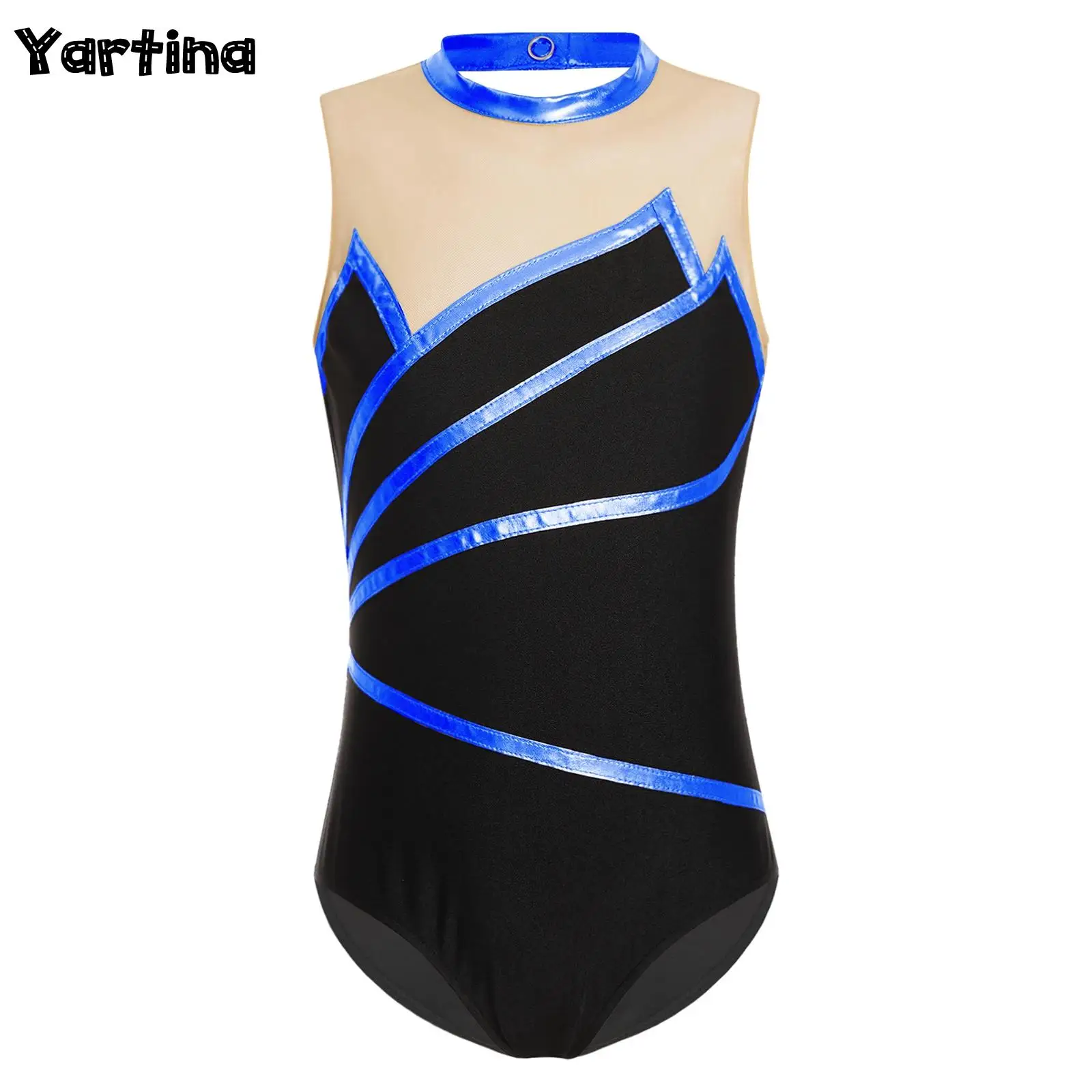 Kids Girls Gymnastics Leotard Artistic Figure Skating Dance Costume Sheer Mesh Bodysuit Rhythmic Gymnastics Jumpsuit Dancewear