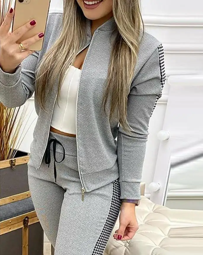 Women's Tracksuit Autumn Zipper Sequin Contrast Plaid Dot Print Sweatshirt Jacket & High Waist Drawstring Pants Set Matching Set