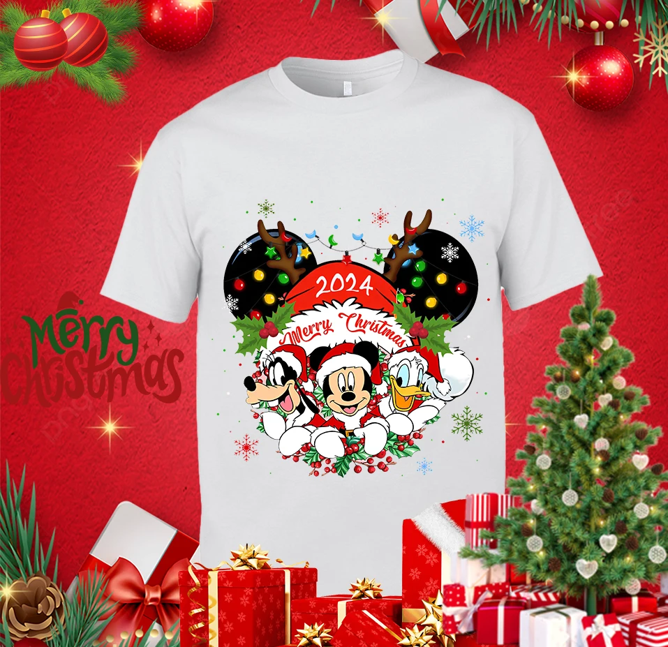 Mickey Christmas 2024 Print Men\'s T-shirt Casual Top Cotton Short Sleeve