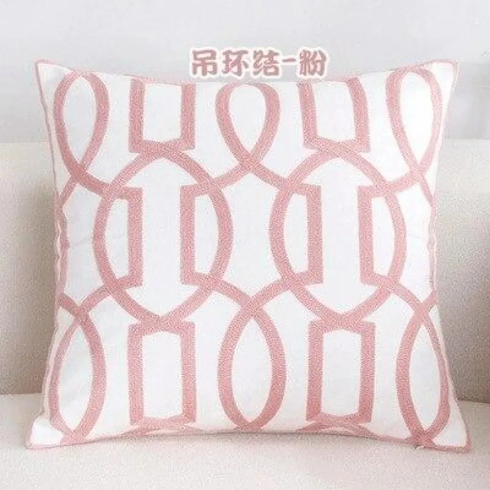 CIFBUY Pink Geometric Embroidered Cotton Canvas Cushion Cover 45x45cm Decorative Throw Pillow Case for Home