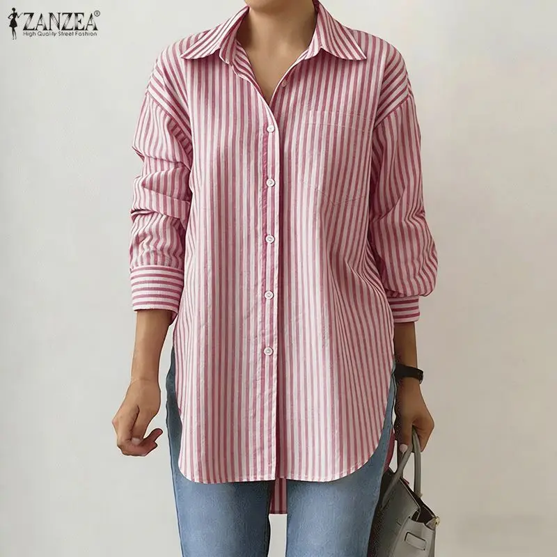 

2026 ZANZEA Elegant Women Lapel Neck Long Sleeve Shirt Office Striped Blouse Autumn Spring Loose Tops Midi Length OL Work Shirts