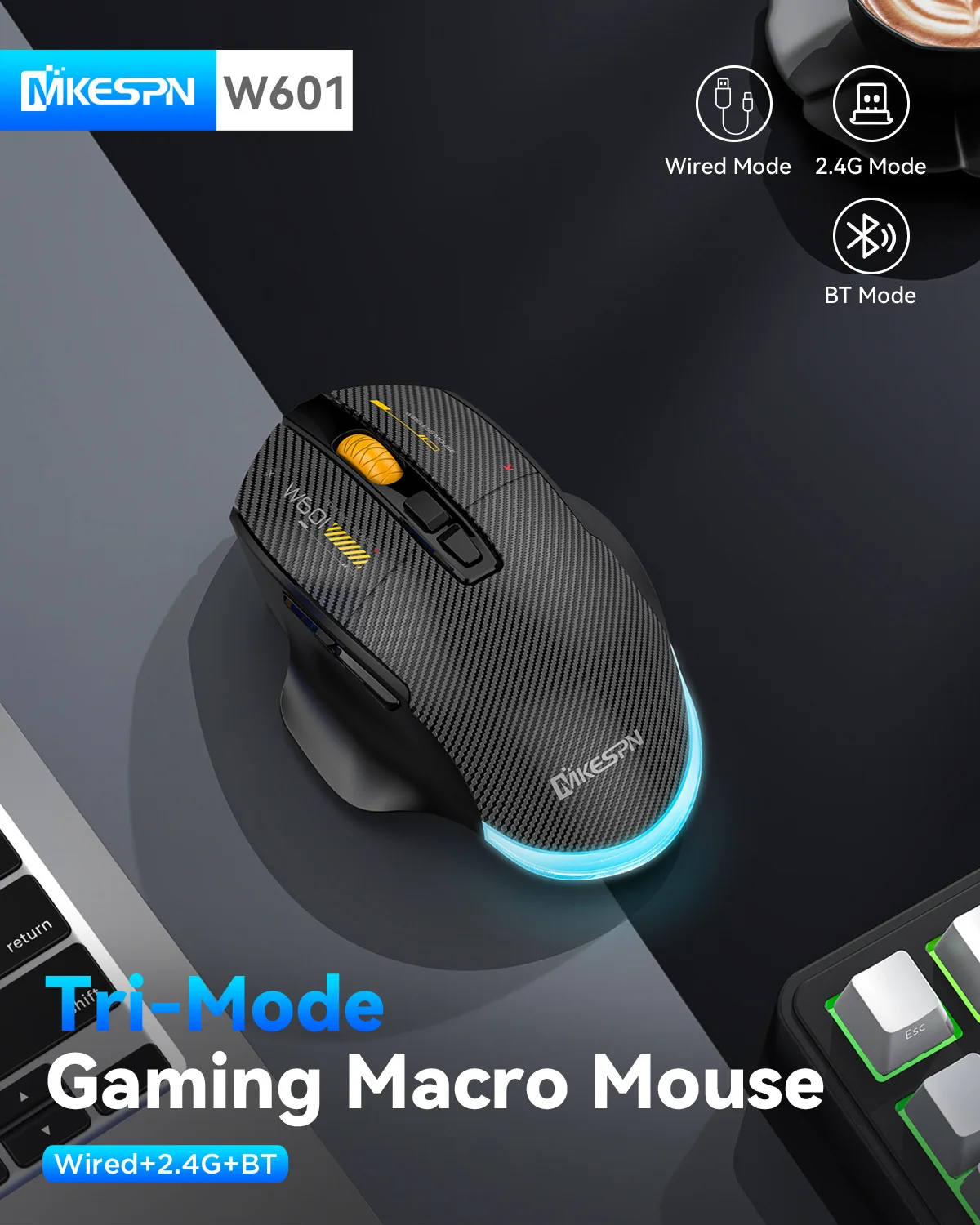 MKESPN Wireless 2.4G Bluetooth 3 Modes Connect Mouse 12800DPI Adjust Macro RGB Gaming Mouse Programmable 500 mAh Rechargeable