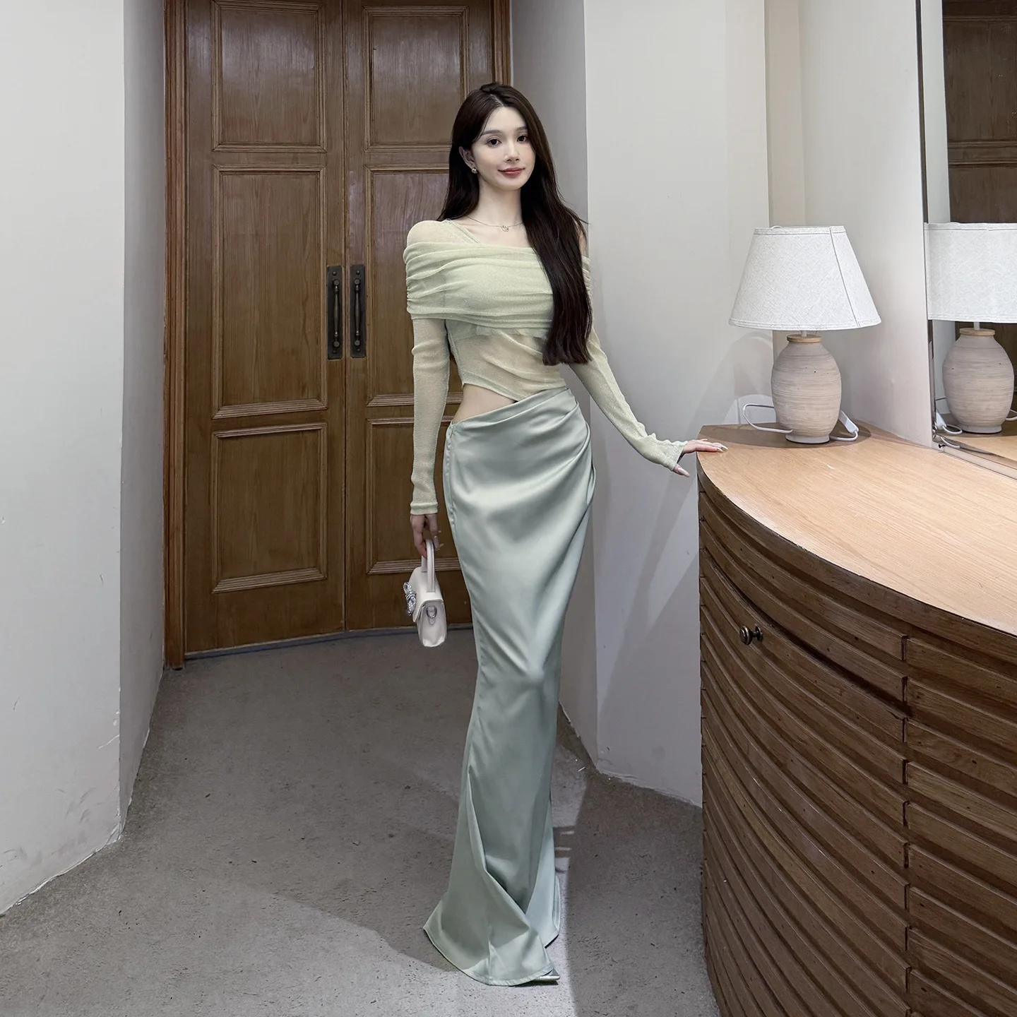 Vestido Sexy transparente de Lurex asimétrico con cuello oblicuo y paneles verdes, vestido de noche negro para mujer, Vestidos de fiesta y graduación