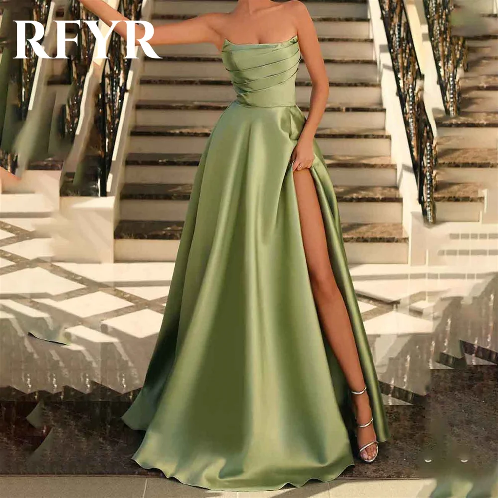 RFYR สีเขียว A-Line อย่างเป็นทางการ Stain Pleats Party Dress ด้านข้าง Slit Strapless แขนกุดชุดพิเศษ robe soirée