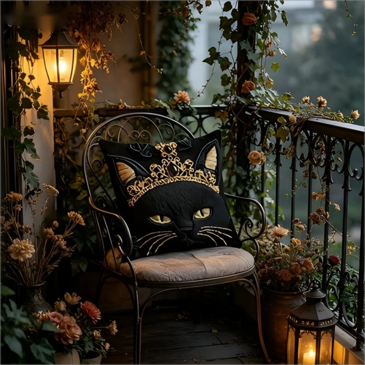 Edle Schwarze Katzenkrone Kissenhülle, Gotischer 2D-Effekt Katzengesicht-Kissenbezug, Elegantes Königliches Katzen-Dekokissen für Wohnraumgestaltung