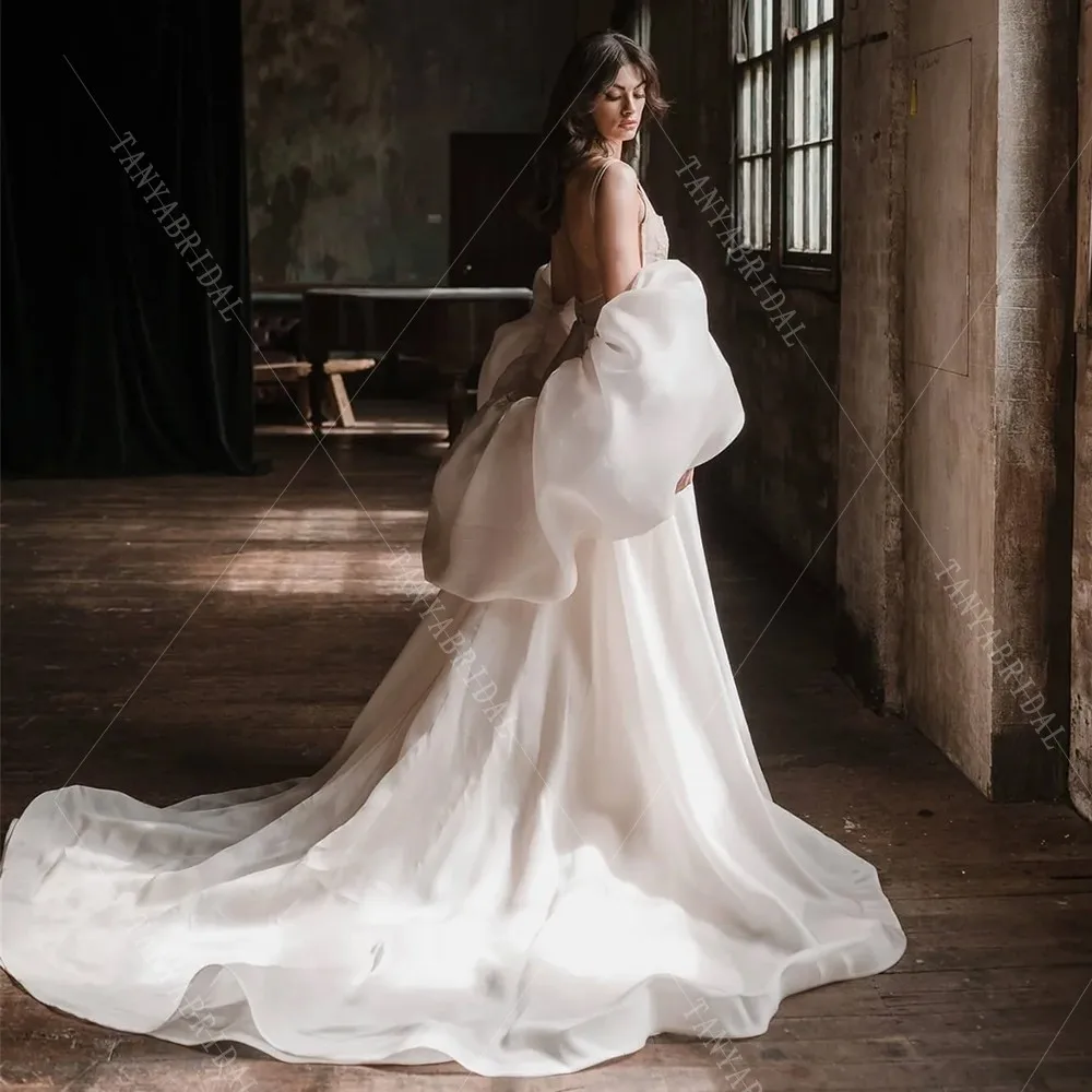 

Elegant Organza Satin Wedding Cape With Puffy Short Sleeves,Simple Sweep Train Bridal Cloak,Romantic Wedding Accessories TSWD404