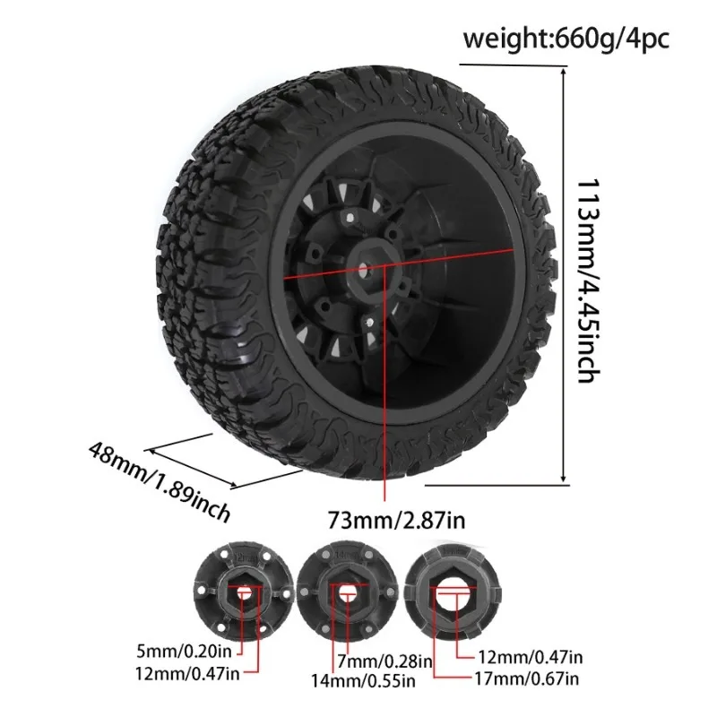 RC Truck Tires With Plastic Wheel Rims 12 14 17mm Hex for 1/10 Scale RC Car ARRMA 727 Losi