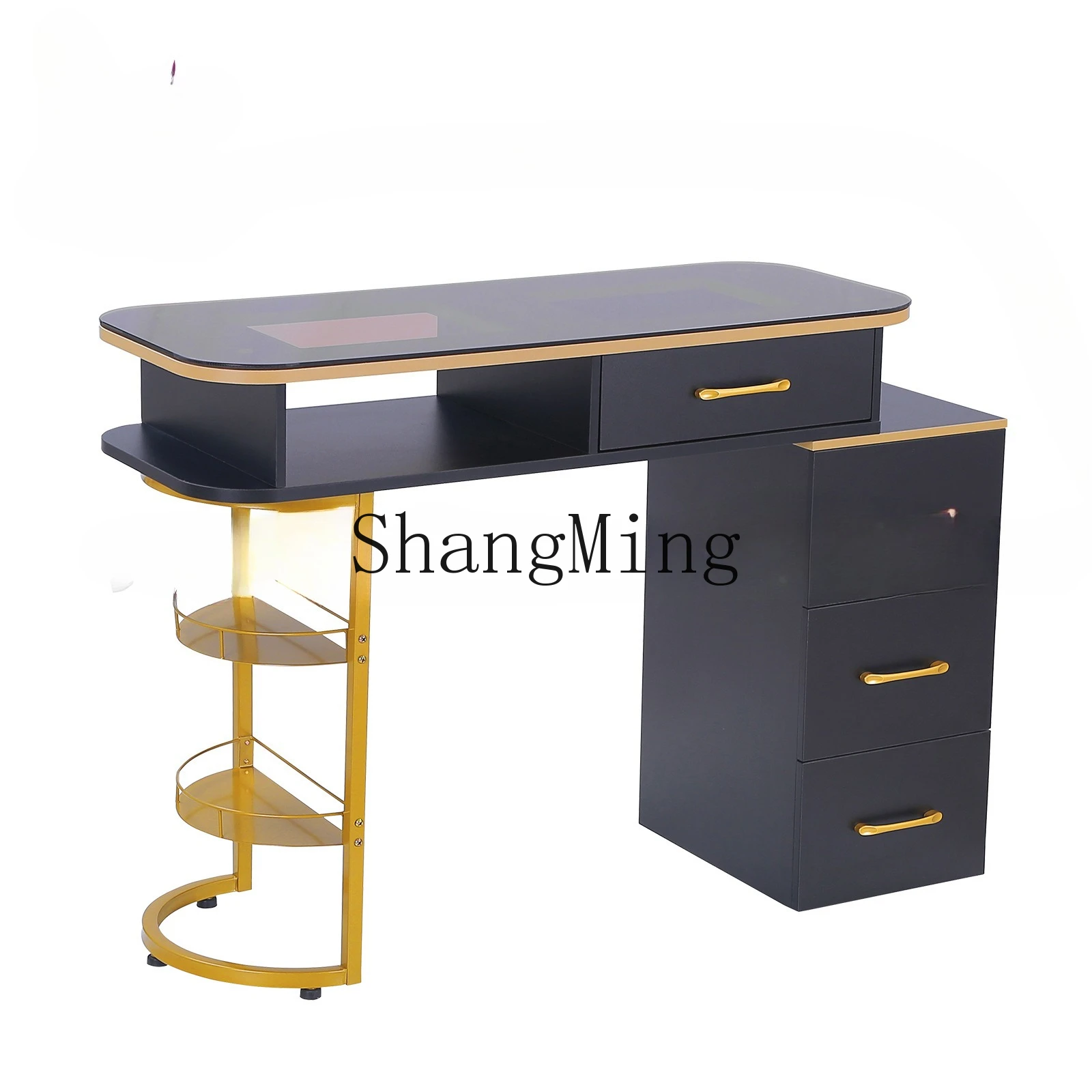 Mesa para uñas FG de vidrio marrón con 12 compartimentos de almacenamiento, color dorado y negro, de lujo y ligero