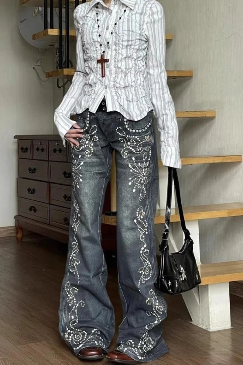 Y2K Vintage Low-Rise Bootcut Jeans Women Distressed Denim Trousers Fashion Design Autumn Winter Style