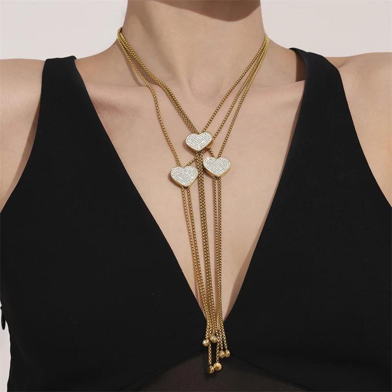 

Ailodo Iced Out 5A Zircon Stainless Steel Heart Necklace For Women Adjustable Long Chain Party Wedding Necklace Fashion Jewelry