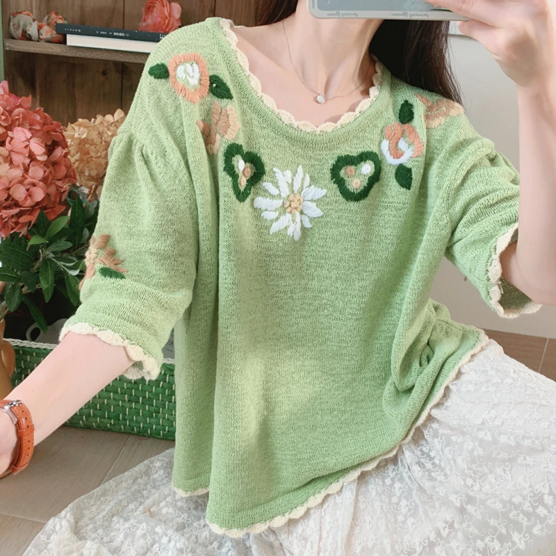 Sweater Spring Summer Women Mori Girls Sweet O-Neck Avocado Green Handmade Crocheted Embroidered Sweater Oversize Pullover Tops