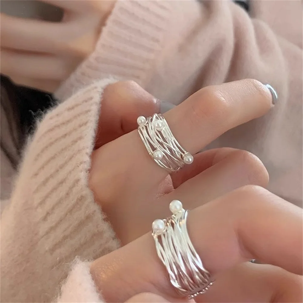 Ring mit geometrischen Linien und Perlenimitat für Damen, schlicht, unregelmäßig, breiter Rand, offener Ring, Schmuck für den täglichen Gebrauch – Detail 5