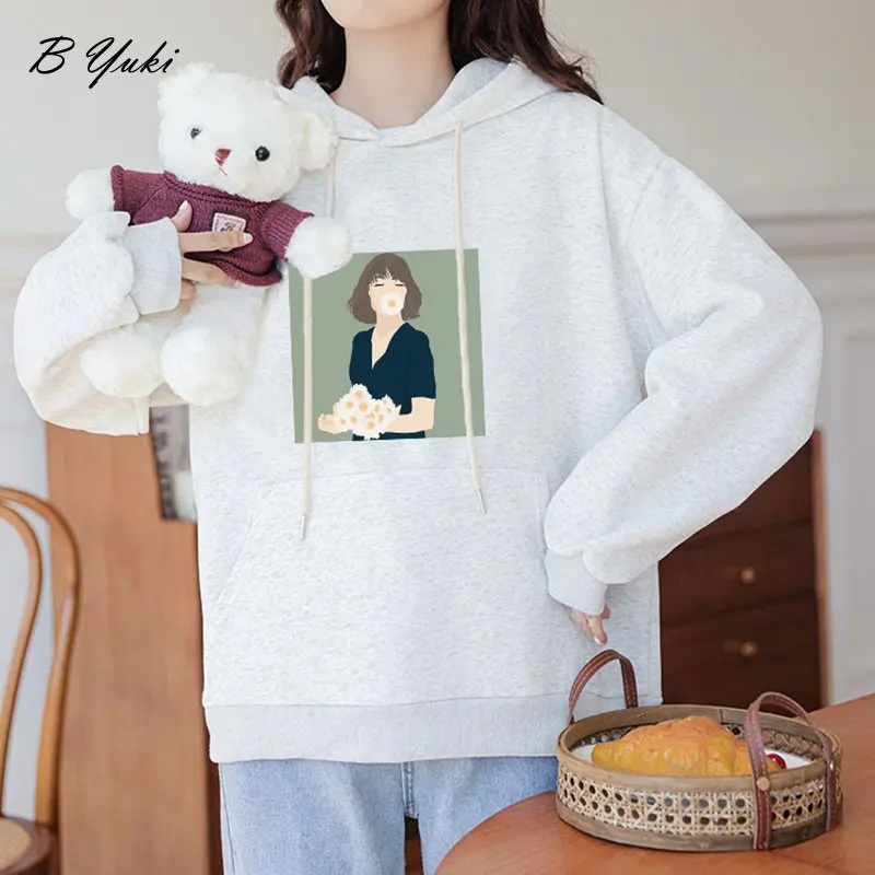 Blessyuki Herfst Elegante Losse Katoenen Sweatshirt Vrouwen Warm Gedrukt Lange Mouwen Truien Vrouwelijke Casual Fleece All-Match Hoodies