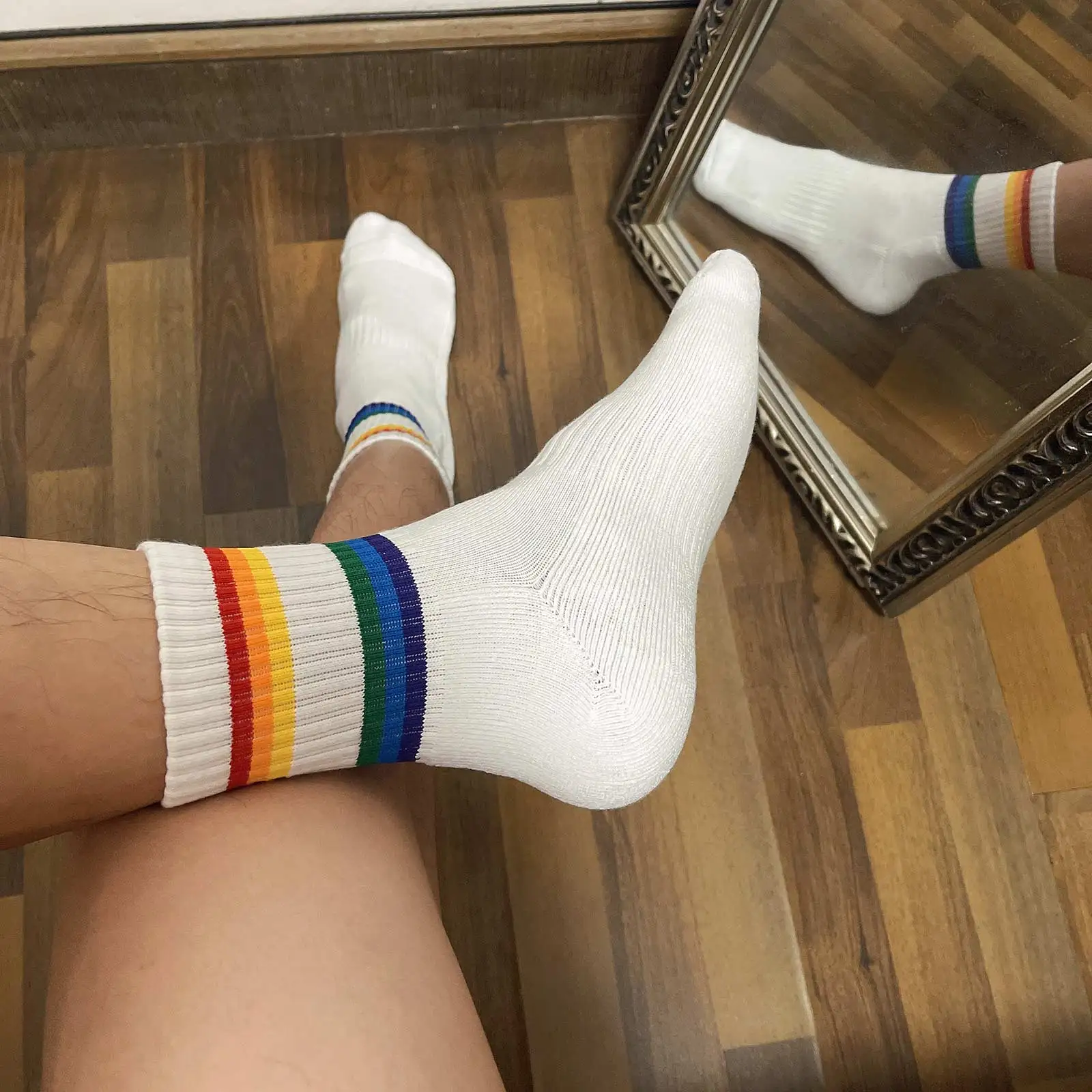 CLEVER-MENMODE Mens Tube Socks Cotton Thicken Rainbow Stripes Sexy Warm Soft Casual hombre Business Towel Bottom Socks