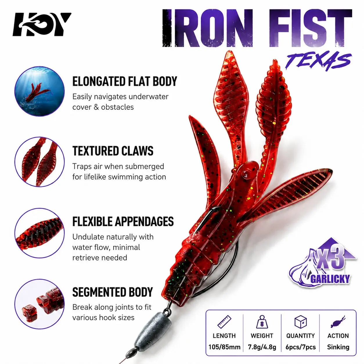 Leurre souple Kingdom IRON FIST Texas 85mm/105mm, coulant, parfum ail, griffes flexibles, pour pêche au bar, jig, traîneur, ver
