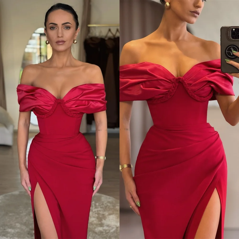 Customized Elegant Red Jersey Evening Dress Formal Off the Shoulder Homecoming Dresses Temperament Special Occasion Gowns