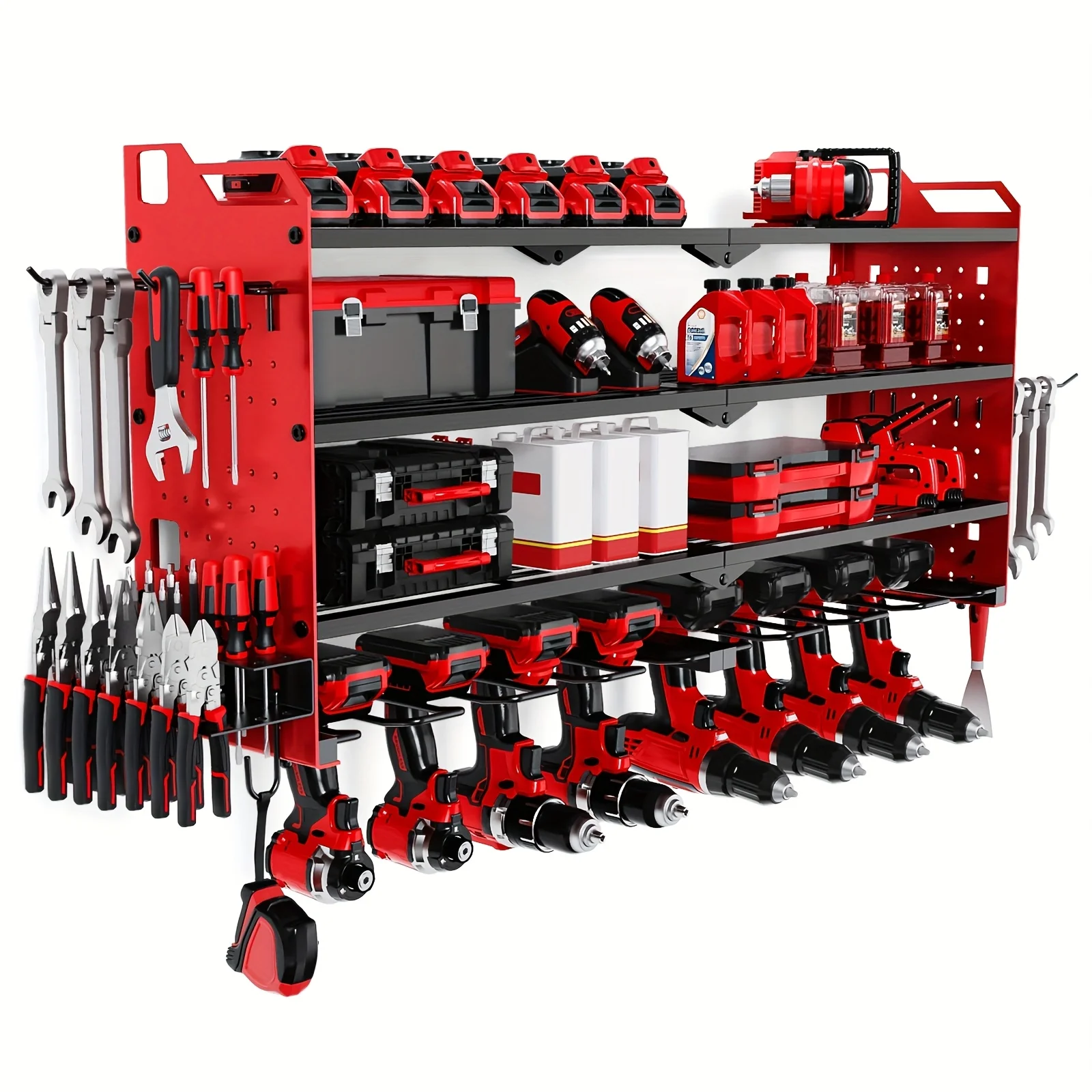 

Heavy-Duty Metal 4-Tier Wall-Mounted Power Tool Organizer with 8 Cordless Drill Slots, Screw Holder & Hooks - Garage Tool Storage Shelf, Space-Saving Tool Rack for Cordless Drills &, Ideal for Workshop or Garage Gift, Utility Shelves