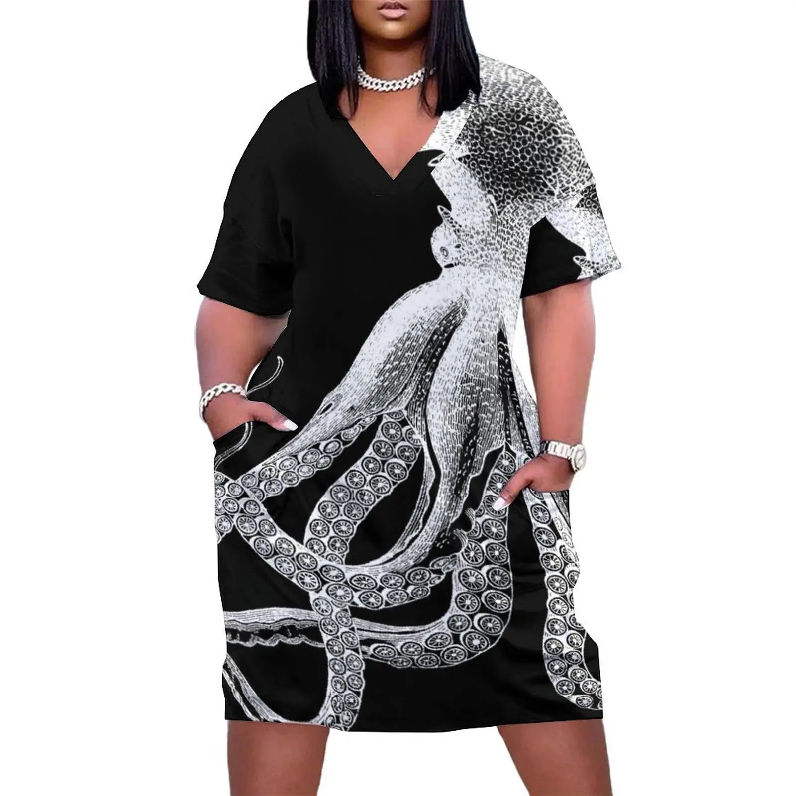 

Octopus Vintage Octopus Tentacles Sea Creatures Nautical Ocean Sea Beach Black and White Loose Pocket Dress luxury dresses