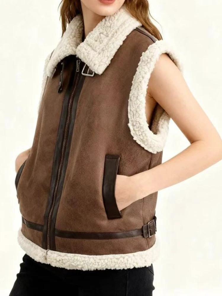 

Faux Suede Shearling Vest Biker Moto Jacket Winter Warm Outerwear New in Women Leather Sherpa Vest Fur Collar Sleeveless Zipper