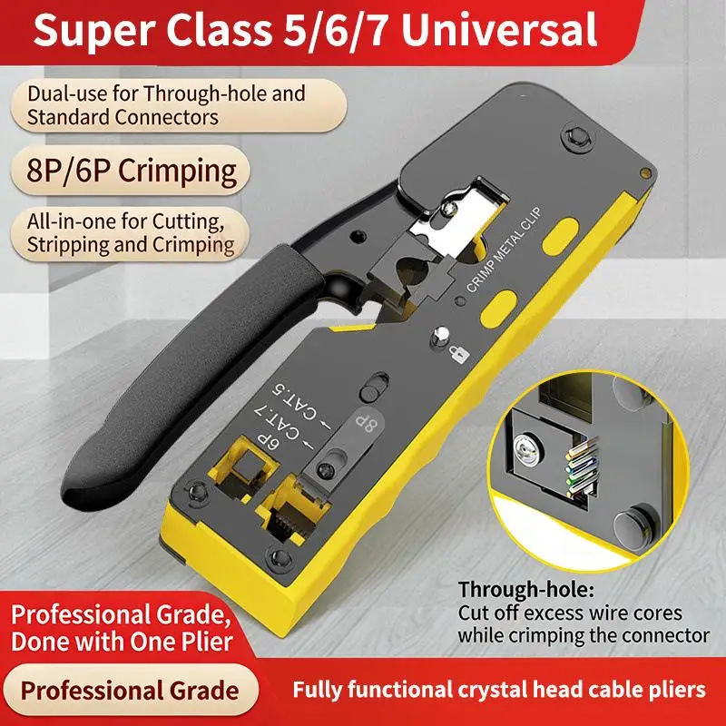 Pass Through Crimp Plier Cat7 Cat6 Cat6A Cat5 Cat5e Stripping Crimping Tool With 8P/6P Ethernet Connectors