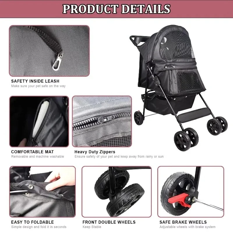 4 Wheels Multi-Purpose Pet Trolley Foldable Promenade Pet Stroller Puppy Cat