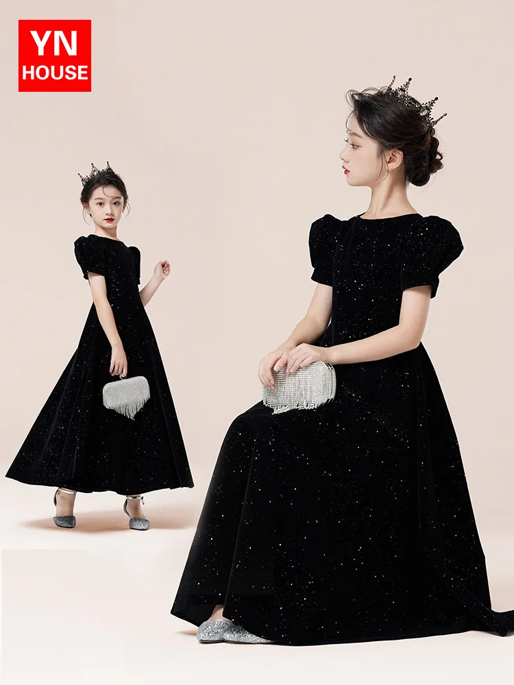 

Children's dress Girl Princess dress Birthday Black catwalk piano host performance dress One year dress dress