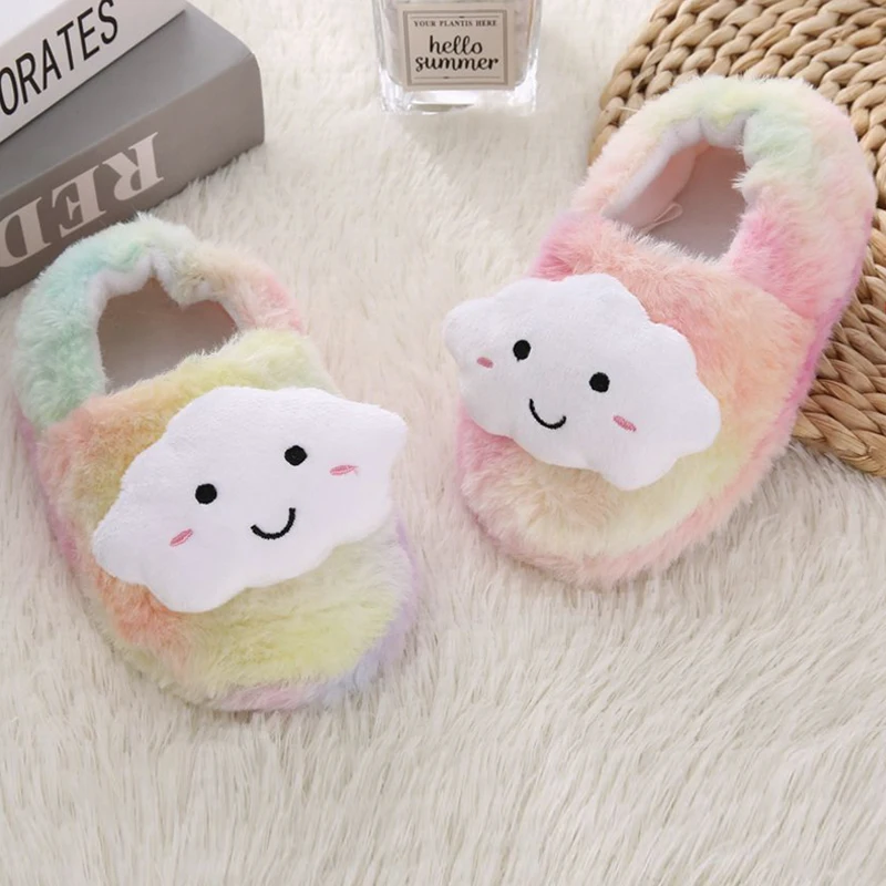 Cute Toddler Girl Slippers for Winter Plush Warm Cartoon 3D Color Cloud Children Home Shoes Little Kid House Footwear Baby Items