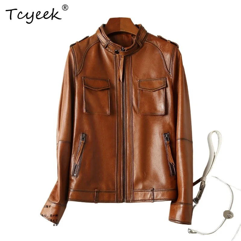 Tcyeek Skórzana Kurtka Damska ze Skóry Owczej na Wiosnę i Jesień ze Stójką, Krótka, Wyszczuplająca, z Prawdziwej Skóry, Kurtka Skórzana Damska