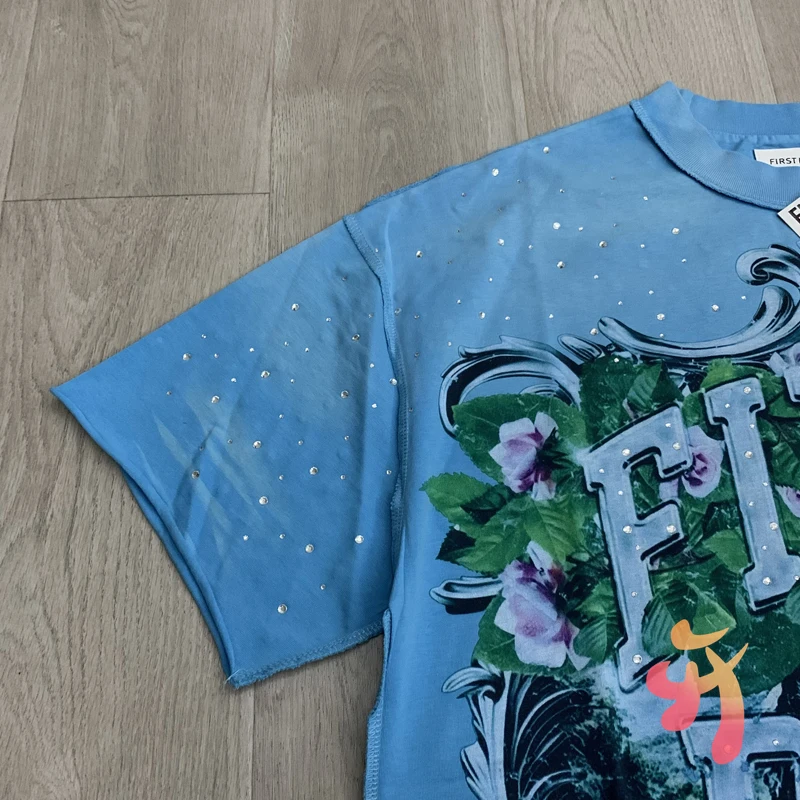 Summer Vintage Washed Blue FIRST ROW Tshirt High Quality Direct Spray Hot Diamond Short Sleeve Portrait Graffiti Men Women Tops