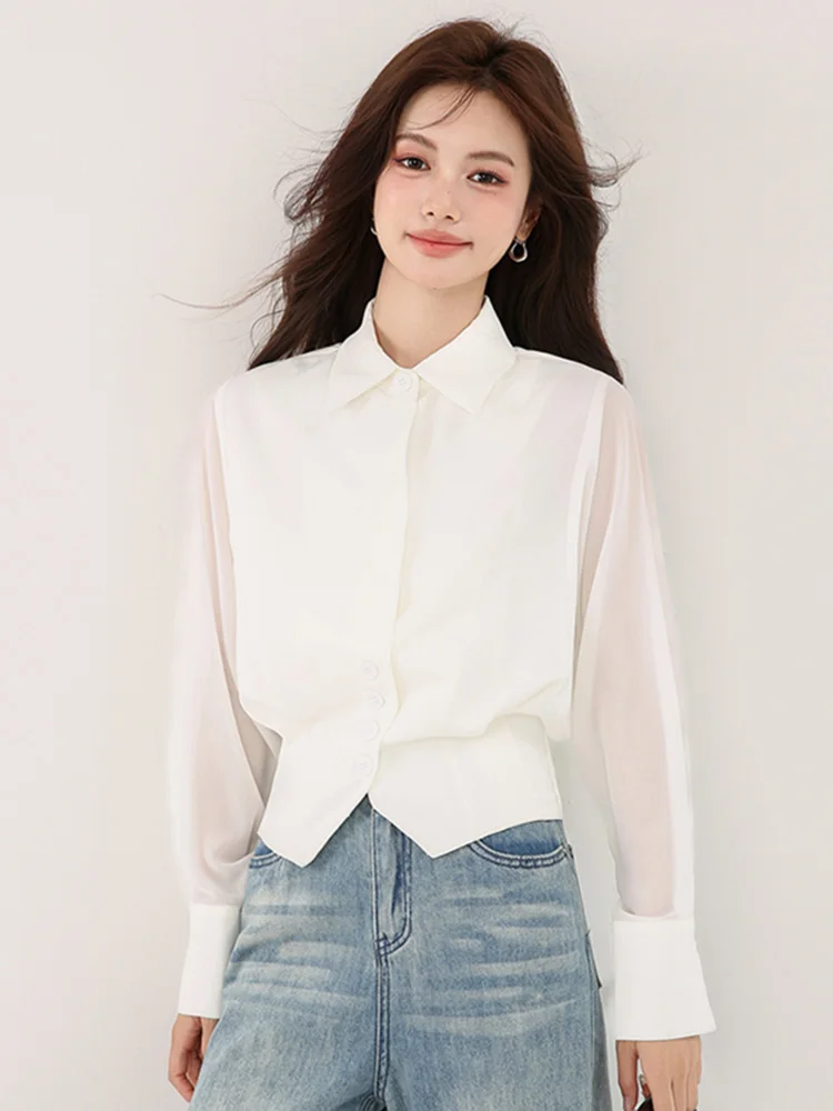 

Faionable White Long Sve irt Women's Spring 2026 Waist-Cinching Design Slimming Ladies' Blouse French Sle Batswing S...