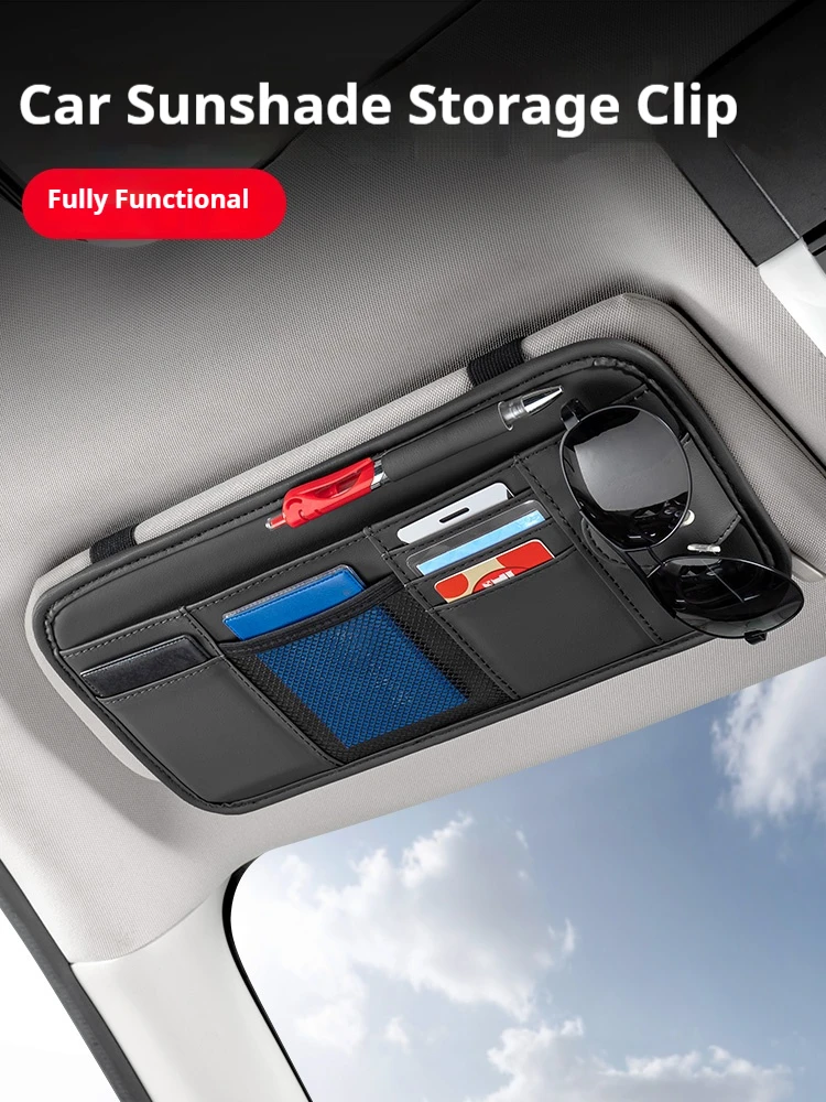 Car Sun Visor Storage Bag PU Leather Multi-Pocket Sun Visor Organizer Box Car Glasses Clip Card Holder Storage Pockets