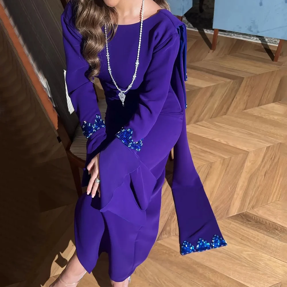 

Dream Purple Jersey Evening Dress Scoop Neck Long Sleeves Straight Floor Length with Beading Women Customized Party Gowns