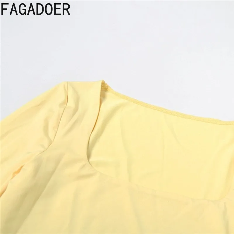 FAGADOER Casual Sporty 2 Pieces Set for Woman Solid Color Square Neck Long Sleeves Crop Top and Pants Outfits Female Streetwear