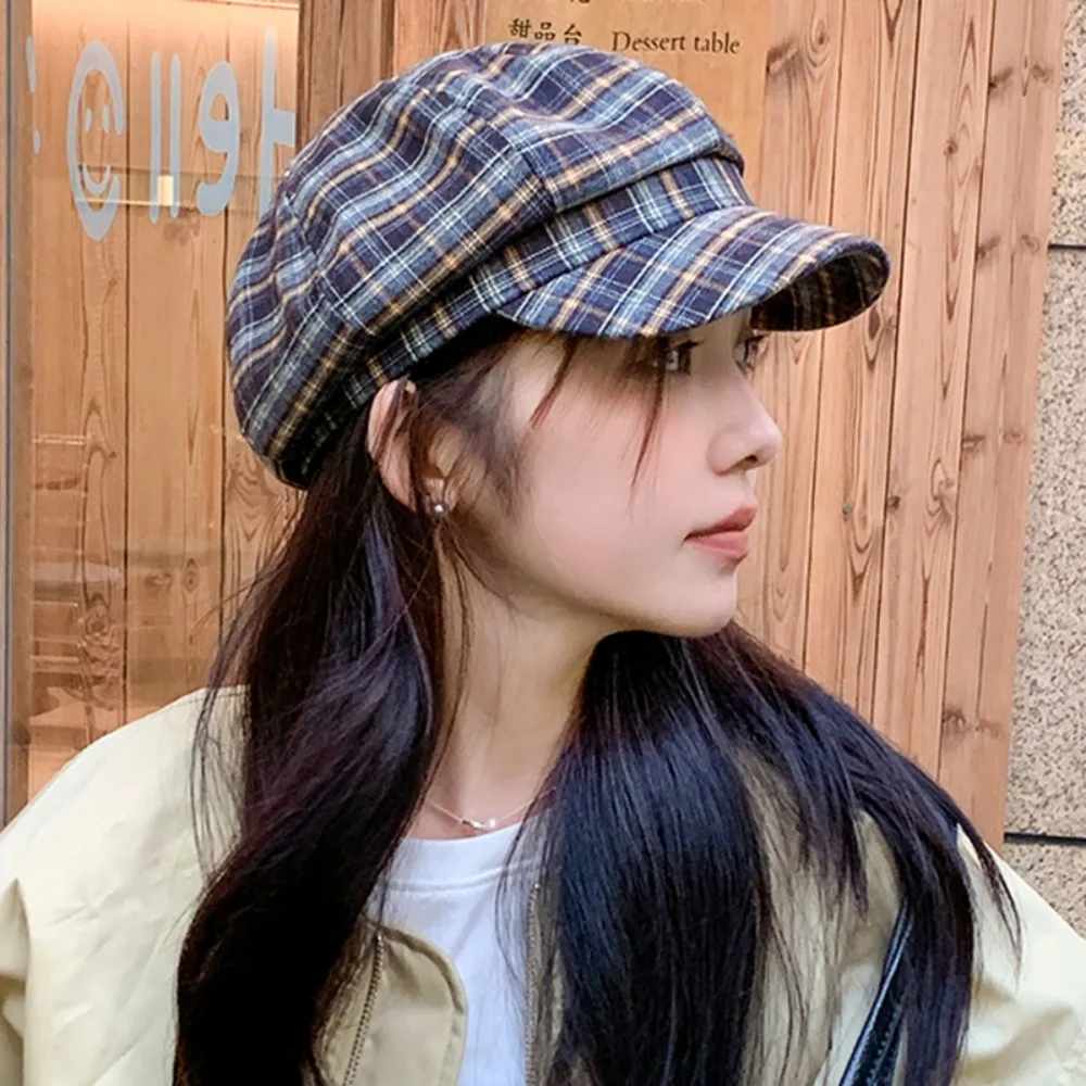 Casual Cotton Plaid Cloud Cap Thin Retro Grid Beret Cap Big Head Circumference Japanese Style Women Octagonal Hat Work