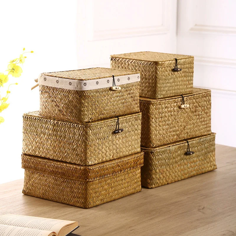 

Wicker Storage Basket Rattan Laundry Storage Box With Lid Straw Weaving Organizer Small Solid Grid Box Decorative Home Container