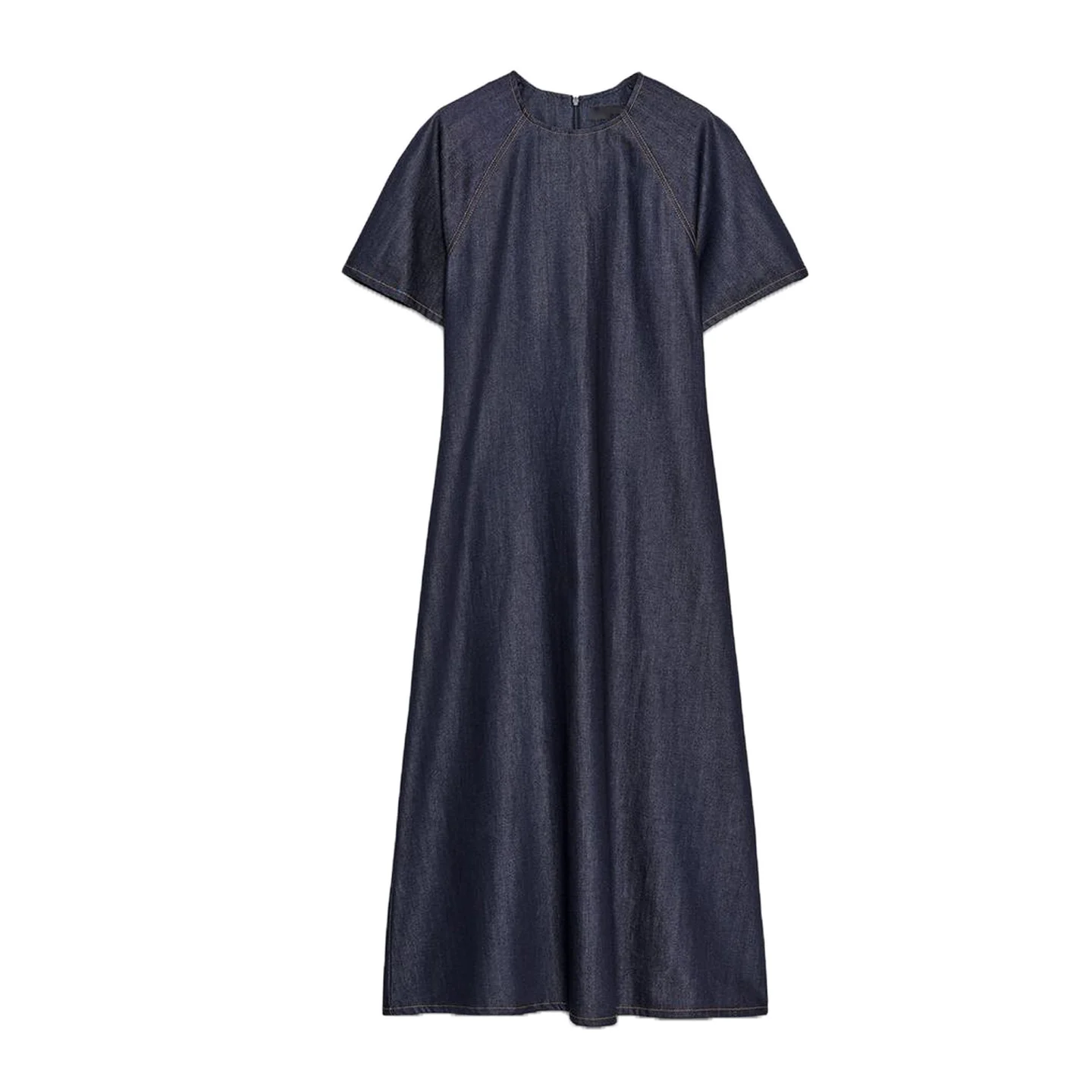 Vestido Jeans Longo F de Verão, Gola Redonda, Manga Curta, Corte em A, Acintu, em Camadas, Estilo Casual, Versão X...